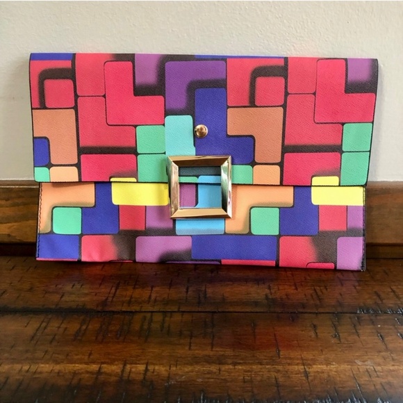 None Handbags - Fashion Women Clutch Envelope Bag Mosaic Grid Pattern Colorful Evening Bag Metal